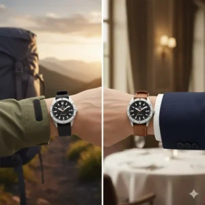 A split view showing how the best watches for travel and adventure transition from hiking to formal dining.
