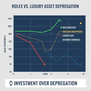 An investment chart comparing luxury assets to show why rolex watches hold their value so consistently.