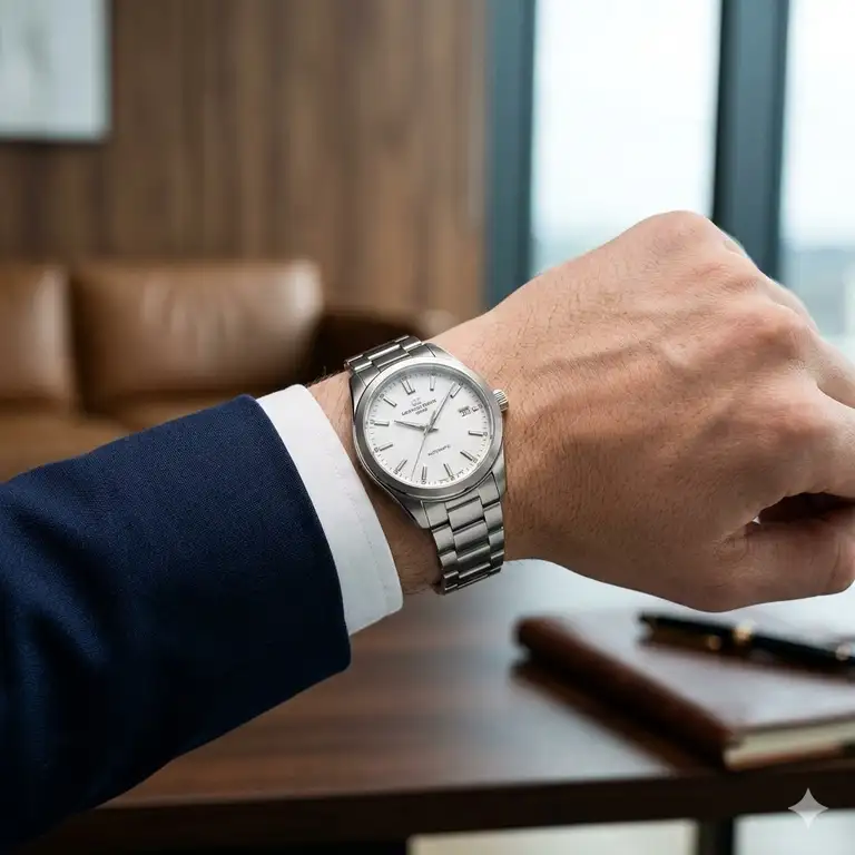 A professional wearing one of the best entry-level luxury watches on their wrist in a modern office.