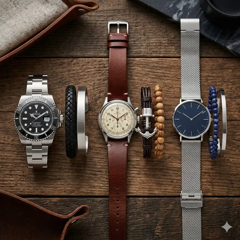 A high-quality professional photograph showcasing a variety of luxury watches paired with premium bracelets, presenting some of the best watch and bracelet combinations for men on a wooden or marble background.