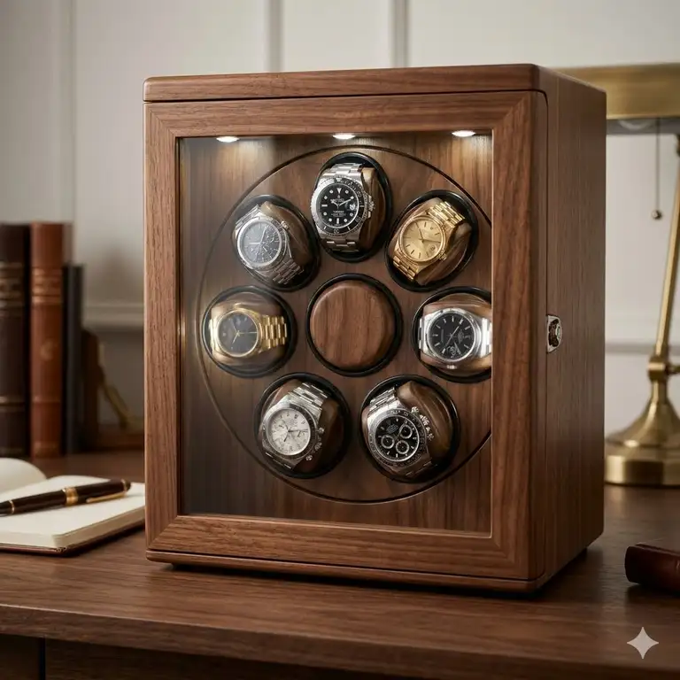 A premium wooden cabinet that represents the best watch winders for luxury watches in a home office.