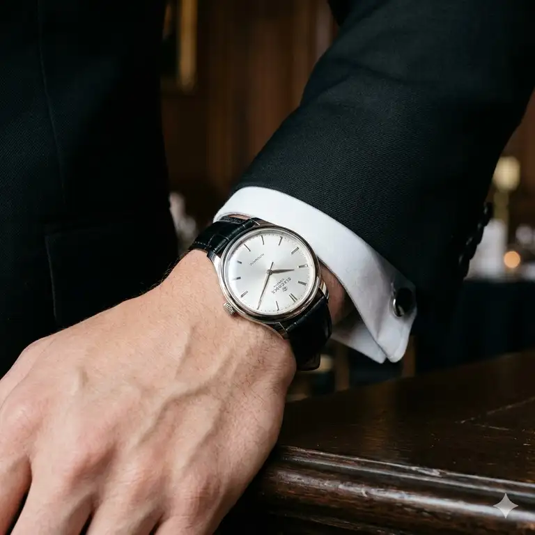 Featured Image: A luxury silver dial timepiece representing the best watches that go well with black suits for formal events.
