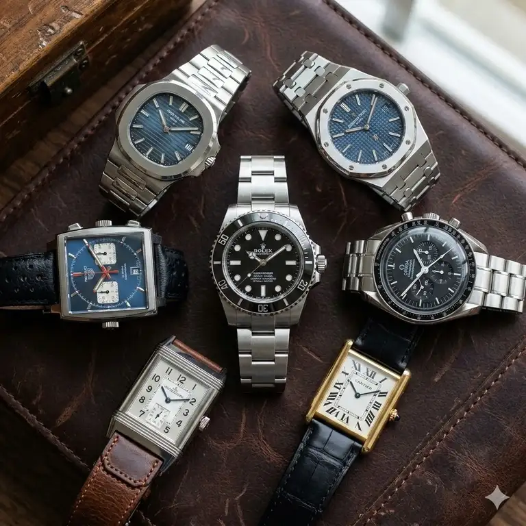 A professional flat lay showcasing a variety of the most iconic luxury watches of all time on a leather background.