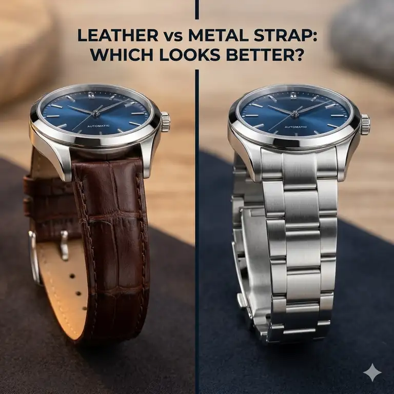 A side-by-side comparison of a luxury watch to decide leather vs metal strap which looks better for your style.