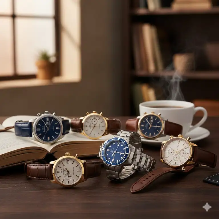 A professional collection of luxury watches under 5000 worth buying displayed on a wooden table.