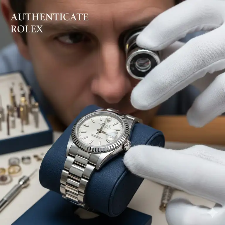 1: A close-up view of a professional watchmaker using a loupe to inspect the dial of a luxury watch, showing how to authenticate a rolex watch.