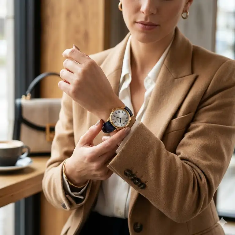 A stylish individual in a camel blazer adjusting their timepiece, demonstrating how to match your watch with your outfit for a professional look.