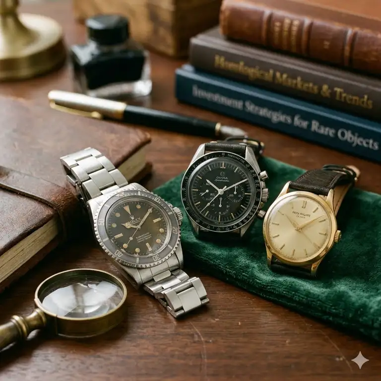 A luxury collector evaluating a timepiece to decide should you invest in vintage watches for long-term profit.