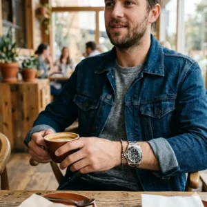 A man wearing a denim jacket and a stainless steel dive watch on his wrist, which are watches that look good with casual wear, while holding a coffee cup.2 cup glass food storage containers