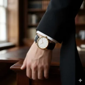 Illustration 1: A minimalist gold dress watch with a black strap, a top choice for watches that go well with black suits.