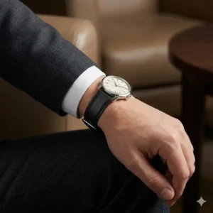 A close-up of a black leather band on a dress watch, helping you judge leather vs metal strap which looks better with a formal suit.