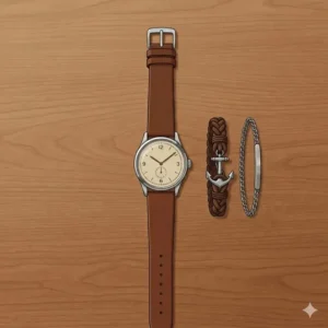 A men's dive watch combined with a brown braided leather anchor bracelet, representing one of the best watch and bracelet combinations for men with a rugged aesthetic.