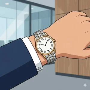A stainless steel bracelet watch paired with a navy business suit illustrating how to match your watch with your outfit in a corporate environment.