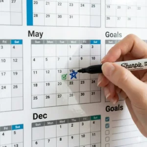 Illustration 2: Close-up graphic of a dry erase marker writing on a laminated yearly wall planner surface.