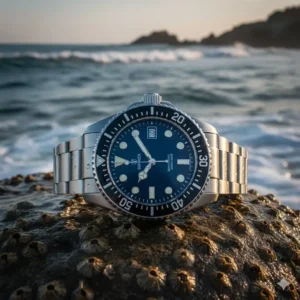 A rugged stainless steel dive watch on a rock, representing luxury watches under 5000 worth buying for adventurers.