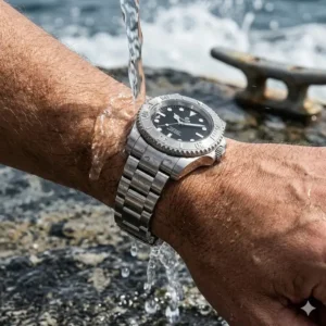 A stainless steel bracelet being splashed with water to show leather vs metal strap which looks better for outdoor and aquatic activities.