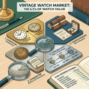 An infographic of the 4 C's of horology explaining why should you invest in vintage watches with high condition and original parts.