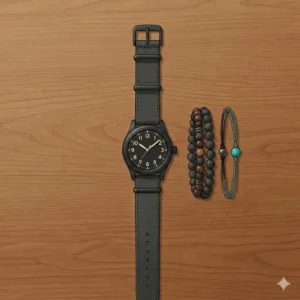 A matte black field watch styled with natural lava stone beaded bracelets, a stylish choice for the best watch and bracelet combinations for men in a casual outfit.