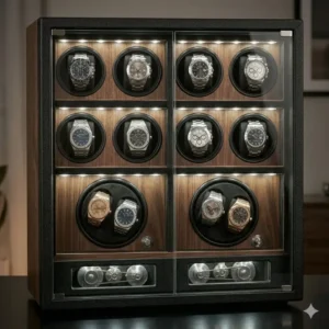 An 8-piece display case featuring LED lighting, standing among the best watch winders for luxury watches.