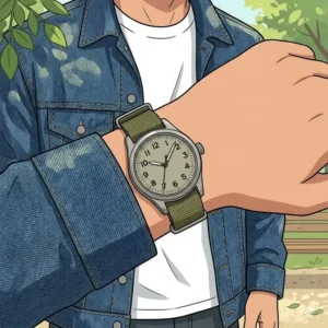 A rugged field watch with a green NATO strap showing how to match your watch with your outfit for casual everyday wear.