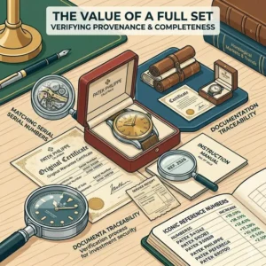 A complete watch set with box and papers showing the standards of when should you invest in vintage watches for maximum resale value.