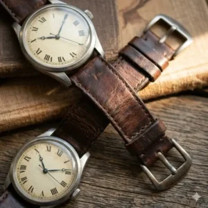 A vintage weathered leather band highlighting the aged aesthetic when considering leather vs metal strap which looks better over time.