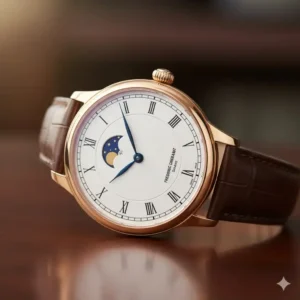 4: A Frederique Constant moonphase watch in rose gold, showcasing affordable luxury from the most underrated swiss watch brands.