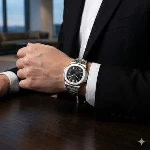 Illustration 3: Modern stainless steel luxury sports watches that go well with black suits for a contemporary business style.