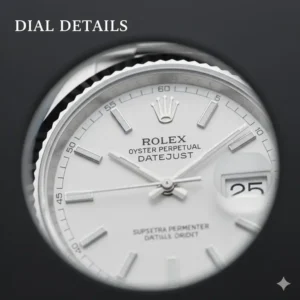 5: A microscopic look at the crisp, clean font and indices on a dial for how to authenticate a rolex watch.