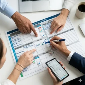 Illustration 4: Simplified illustration of a business team using a yearly wall planner for project management.