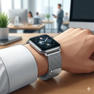 A sleek silver mesh metal strap on a smartwatch in an office setting to see leather vs metal strap which looks better for modern professionals.