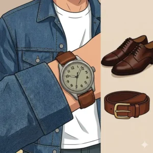 A visual guide on leather coordination and how to match your watch with your outfit by syncing the strap color with shoes and belts.