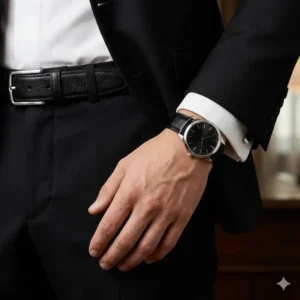 Illustration 4: High-quality black leather strap watches that go well with black suits and matching leather accessories.