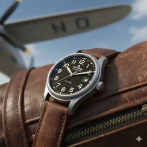 5: An Alpina Startimer Pilot watch displayed on a leather jacket, illustrating aviation timepieces from the most underrated swiss watch brands.