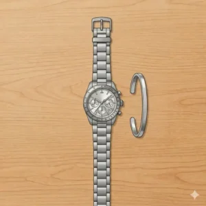 Modern men's styling showing a stainless steel watch paired with mixed metal gold and silver bands, an experimental take on the best watch and bracelet combinations for men.