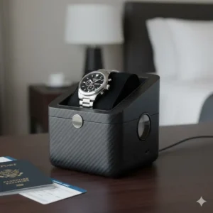 A portable carbon fiber case perfect for travelers looking for the best watch winders for luxury watches.
