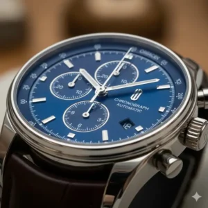 Macro shot of a blue dial chronograph, a popular choice among luxury watches under 5000 worth buying.