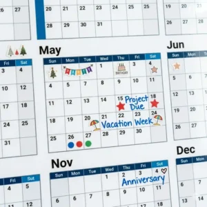 Illustration 5: Graphic showing colorful icons and stickers used to mark holidays on a yearly wall planner.