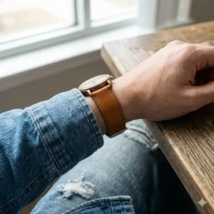 A casual tan leather strap paired with denim jeans, demonstrating leather vs metal strap which looks better for weekend wear.