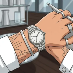 A close-up of silver accessories and a matching silver watch highlighting how to match your watch with your outfit using metal tones.