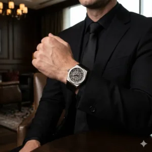 Illustration 5: An intricate skeleton dial timepiece showing how bold watches that go well with black suits can make a statement.