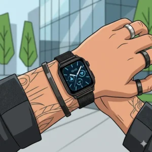 A modern black smartwatch paired with sporty attire to show how to match your watch with your outfit for a smart-casual or athletic style.