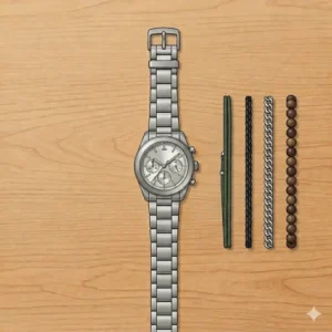 A stylish stack of multiple thin cord bracelets worn alongside a luxury chronograph watch, illustrating the "stack" look among the best watch and bracelet combinations for men.