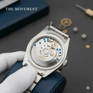 7: Viewing the authentic movement and rotor assembly inside the watch case to learn how to authenticate a rolex watch.