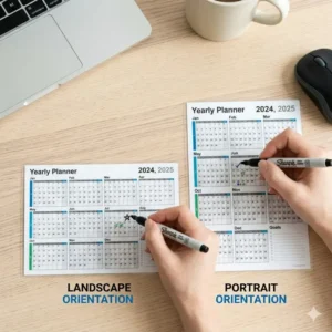 Illustration 6: Comparison illustration showing horizontal and vertical orientation options for a large yearly wall planner.