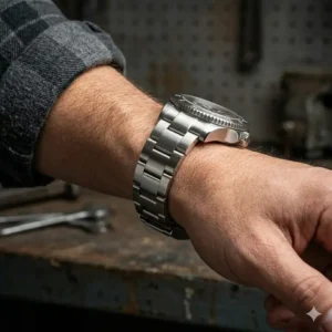 A heavy-duty metal link bracelet on a wrist to compare leather vs metal strap which looks better in terms of durability and heft.