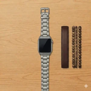 An Apple Watch with a leather band paired with wooden beads, a sophisticated tech-style combination for the best watch and bracelet combinations for men.