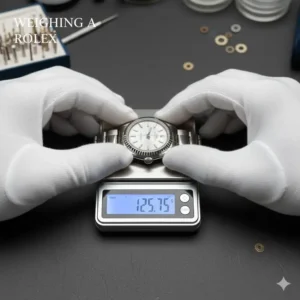 8: Using a precision scale to check the watch weight, a common tip on how to authenticate a rolex watch.