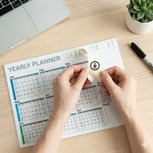 Illustration 7: Icon showing adhesive strips being applied to the back of a yearly wall planner for easy mounting.