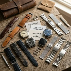 A flat-lay mood board with various watch bands to help users determine leather vs metal strap which looks better for their personal collection.